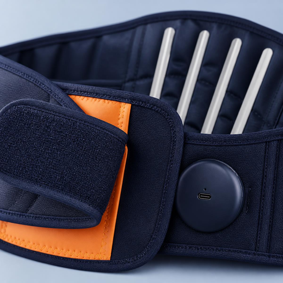Close-up of the Emfizo belt showing the hook-and-loop fastening, flexible support rods and the USB-C control unit
