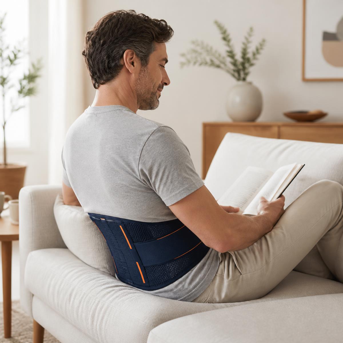 A person relaxing on a sofa at home wearing the Emfizo lumbar comfort belt around the lower back while reading