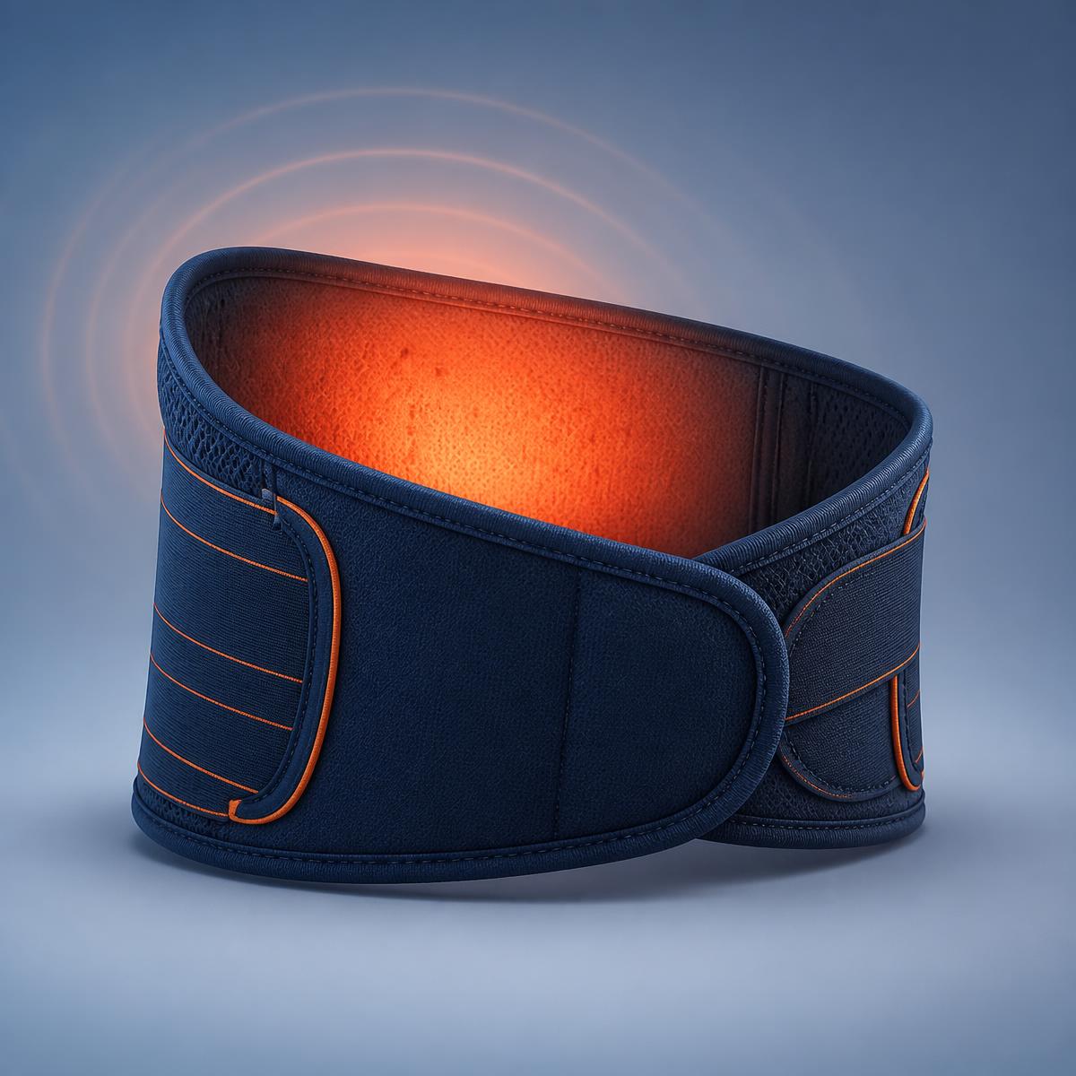 The Emfizo belt with a warm glow across the inner panel, illustrating the warming, massage and light modes