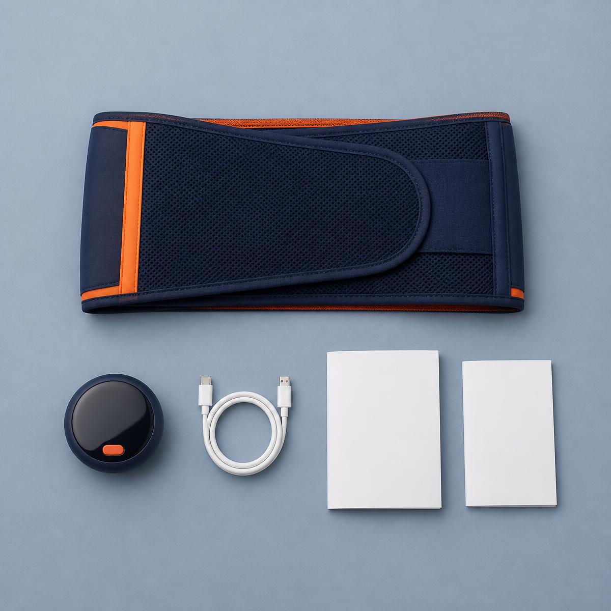 Flat-lay of the Emfizo belt with its control unit, USB-C charging cable, user guide and safety guide